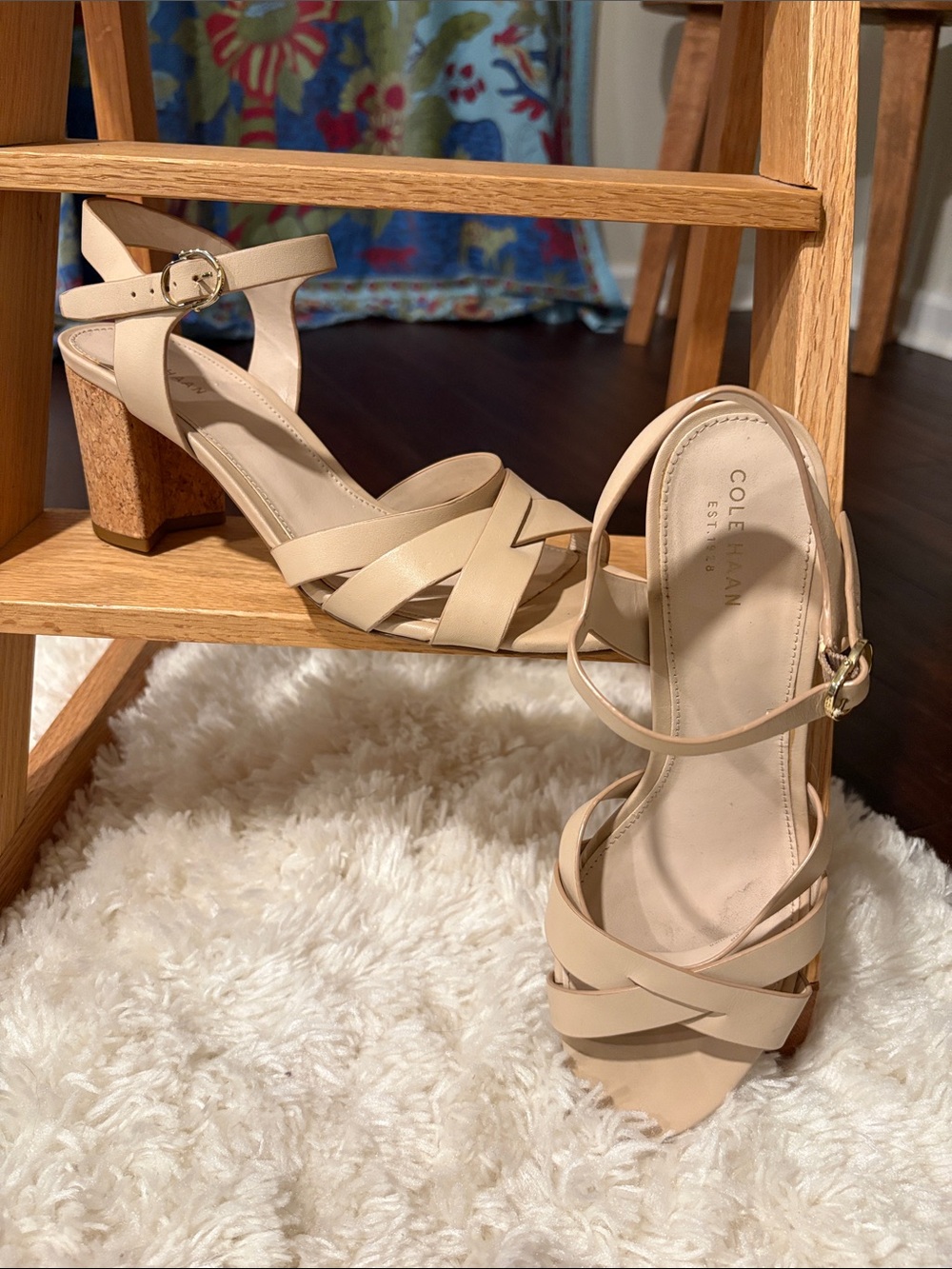 Cole Haan Beige Strappy Cork Block Heel Sandals